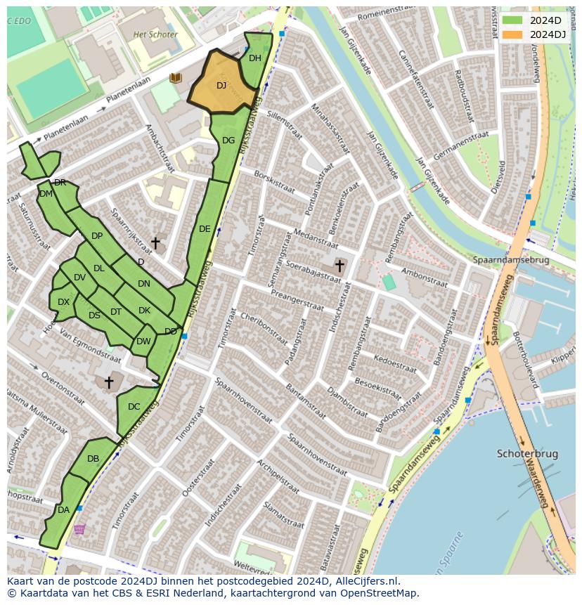 Afbeelding van het postcodegebied 2024 DJ op de kaart.