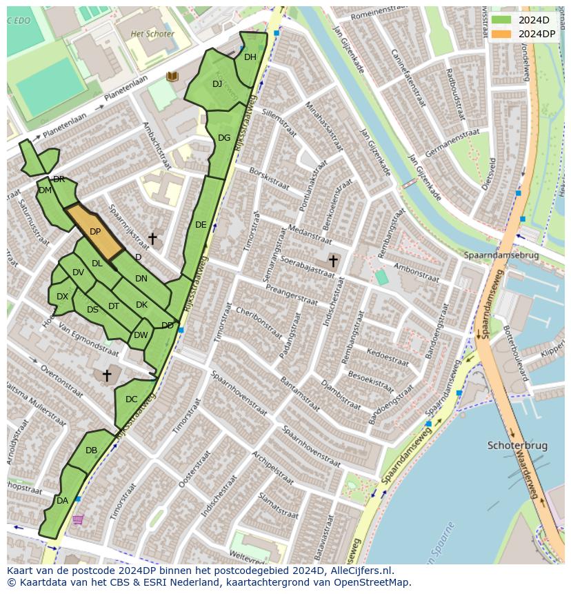 Afbeelding van het postcodegebied 2024 DP op de kaart.