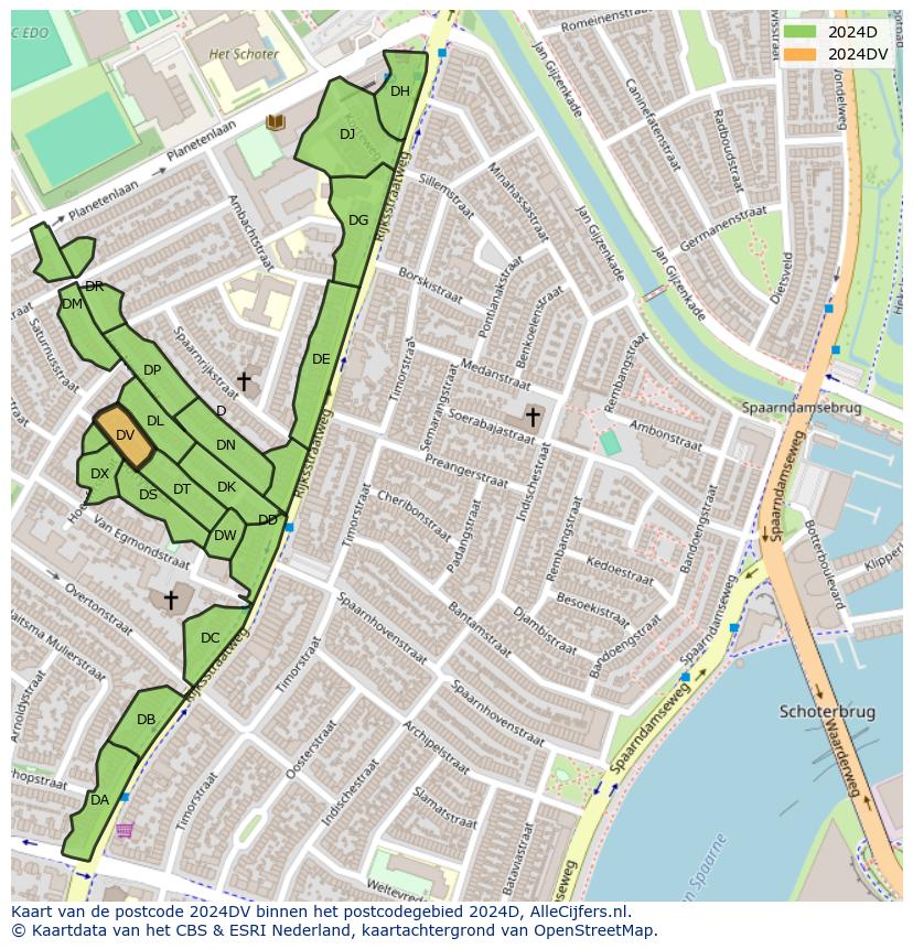 Afbeelding van het postcodegebied 2024 DV op de kaart.