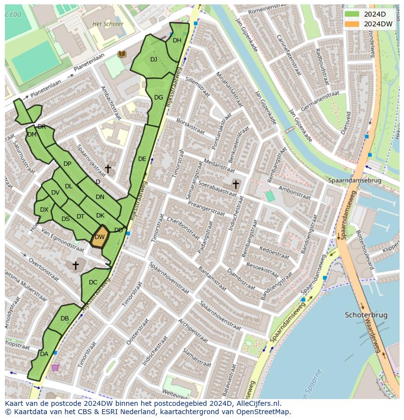 Afbeelding van het postcodegebied 2024 DW op de kaart.