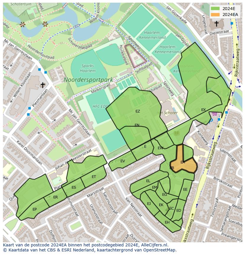 Afbeelding van het postcodegebied 2024 EA op de kaart.