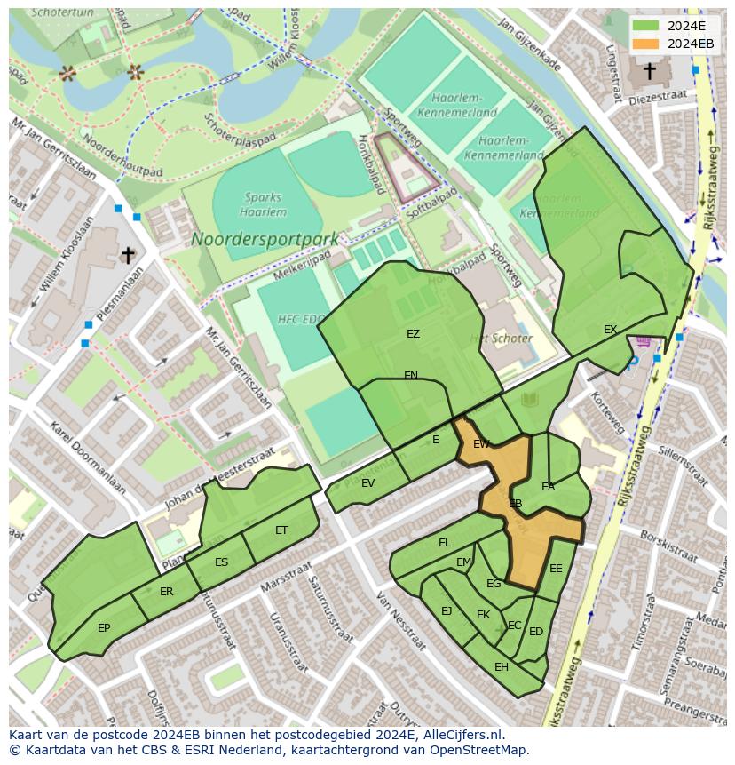 Afbeelding van het postcodegebied 2024 EB op de kaart.