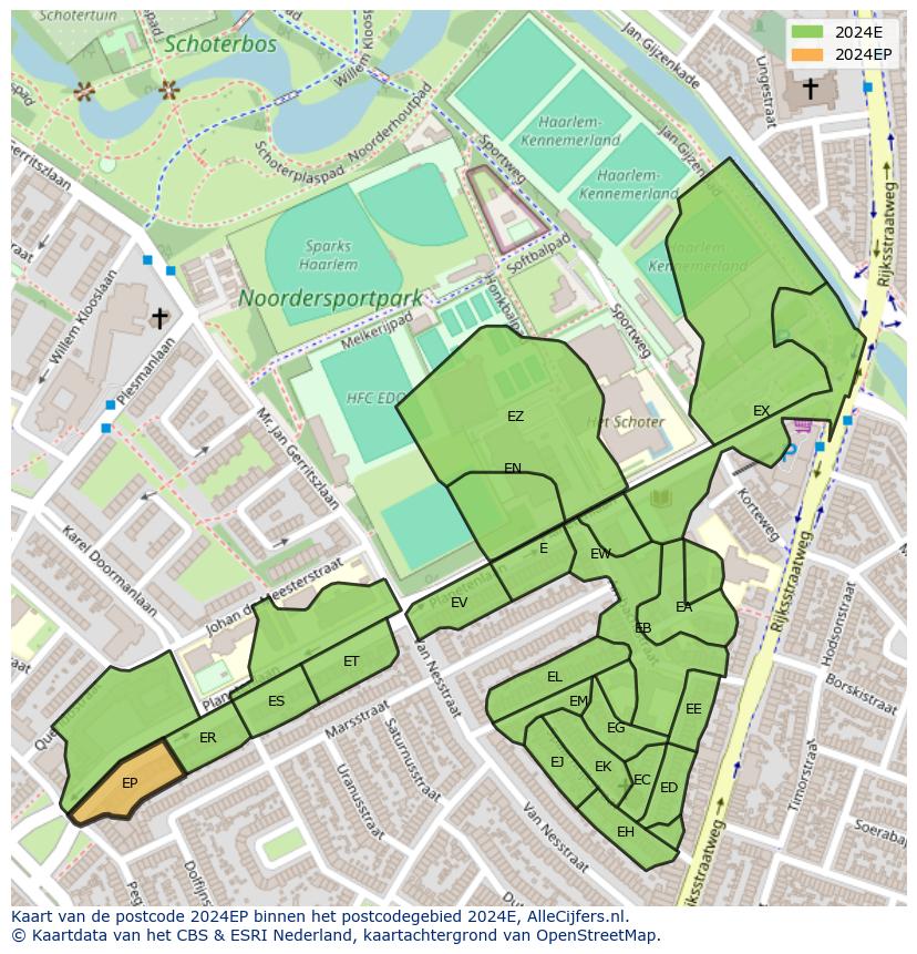 Afbeelding van het postcodegebied 2024 EP op de kaart.