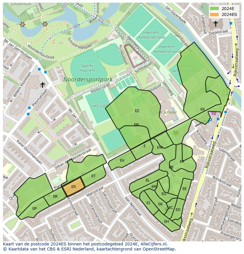 Afbeelding van het postcodegebied 2024 ES op de kaart.
