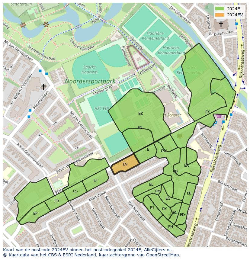 Afbeelding van het postcodegebied 2024 EV op de kaart.