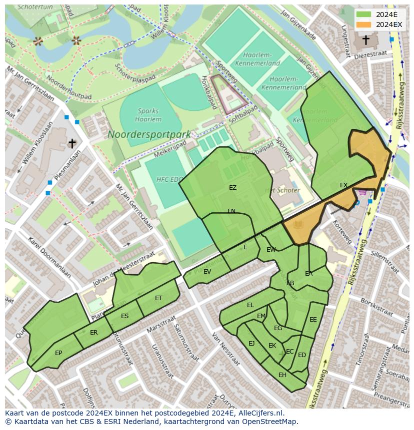 Afbeelding van het postcodegebied 2024 EX op de kaart.