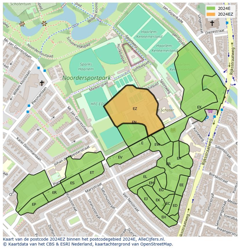 Afbeelding van het postcodegebied 2024 EZ op de kaart.