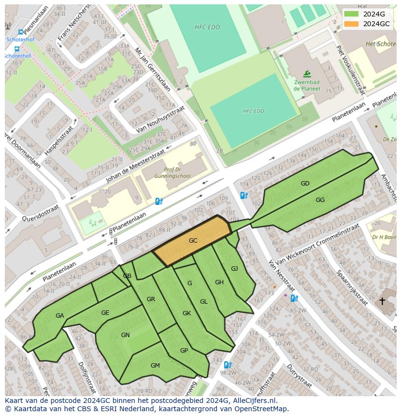 Afbeelding van het postcodegebied 2024 GC op de kaart.