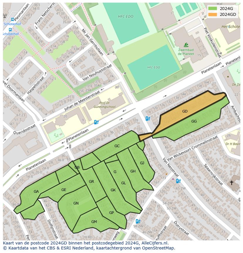 Afbeelding van het postcodegebied 2024 GD op de kaart.
