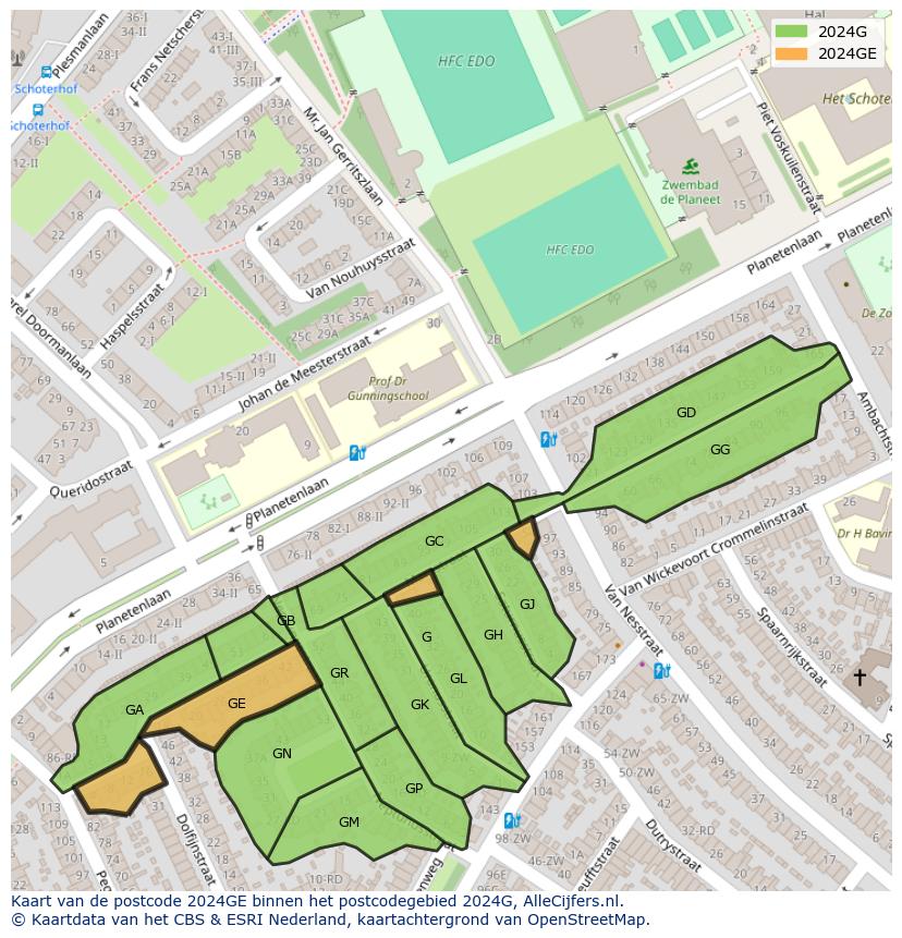 Afbeelding van het postcodegebied 2024 GE op de kaart.