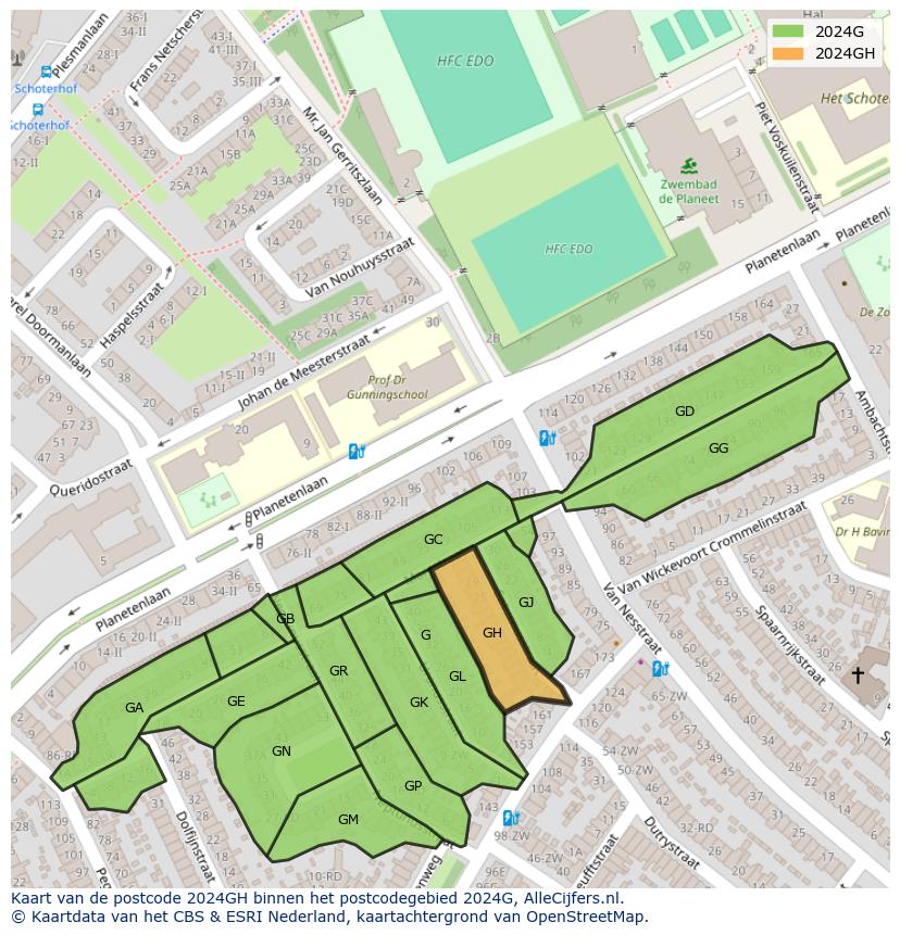 Afbeelding van het postcodegebied 2024 GH op de kaart.