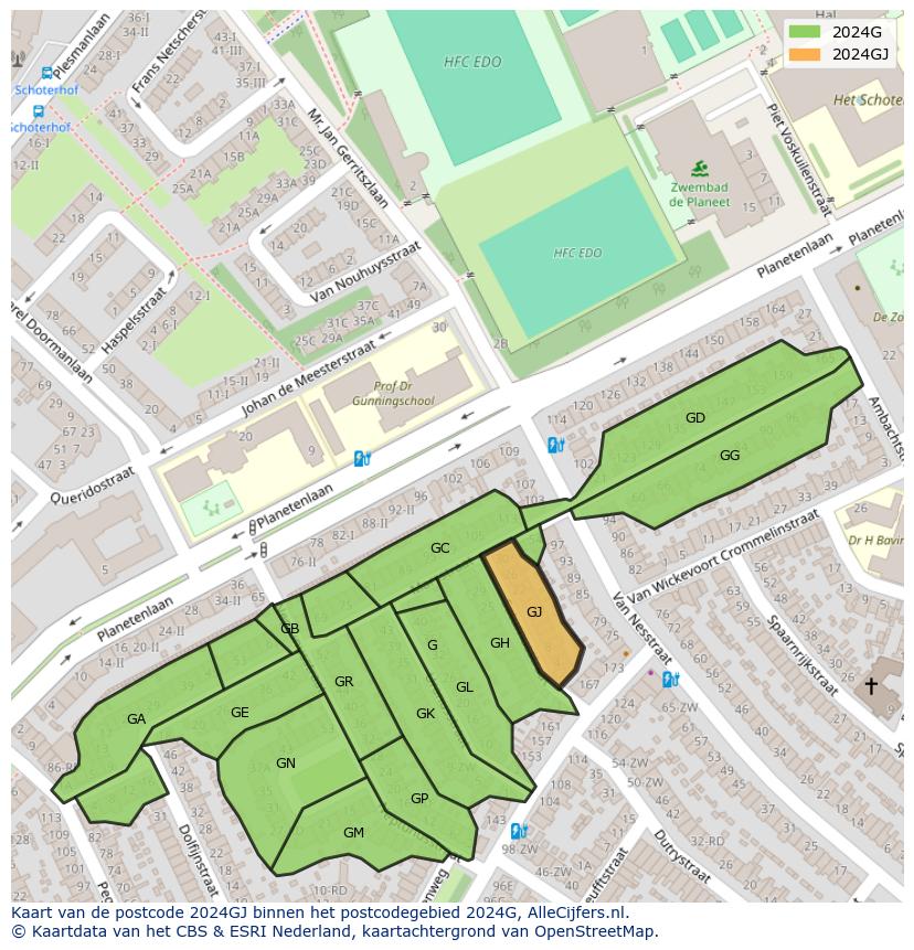 Afbeelding van het postcodegebied 2024 GJ op de kaart.