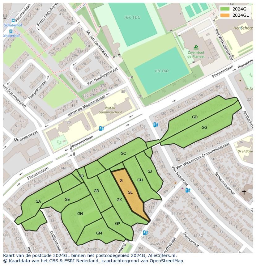 Afbeelding van het postcodegebied 2024 GL op de kaart.