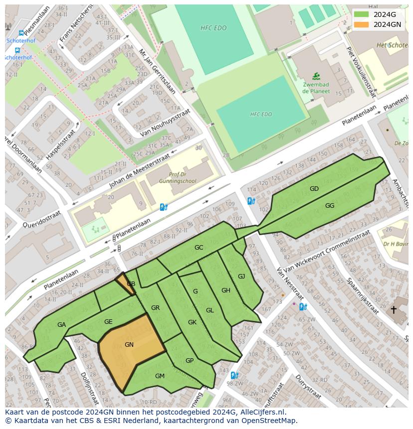 Afbeelding van het postcodegebied 2024 GN op de kaart.