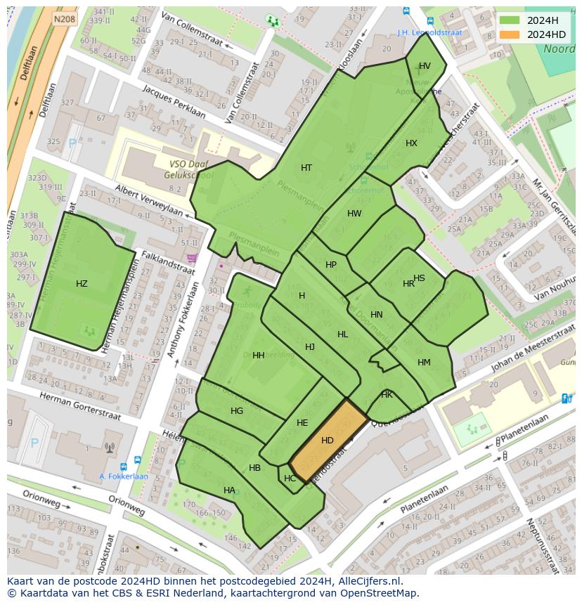 Afbeelding van het postcodegebied 2024 HD op de kaart.