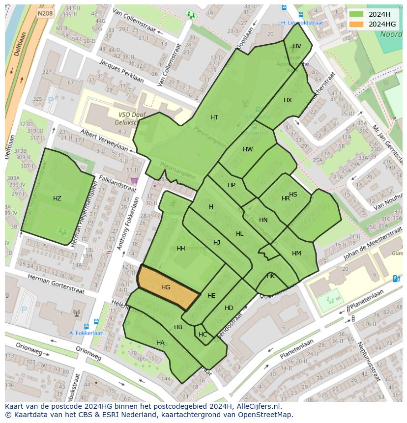 Afbeelding van het postcodegebied 2024 HG op de kaart.
