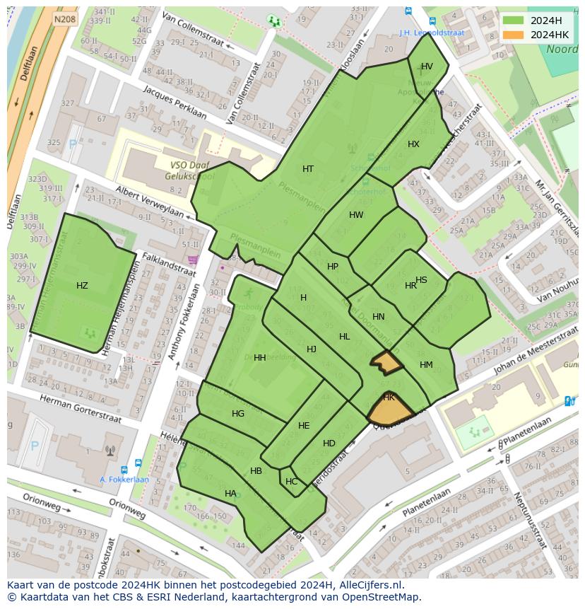 Afbeelding van het postcodegebied 2024 HK op de kaart.