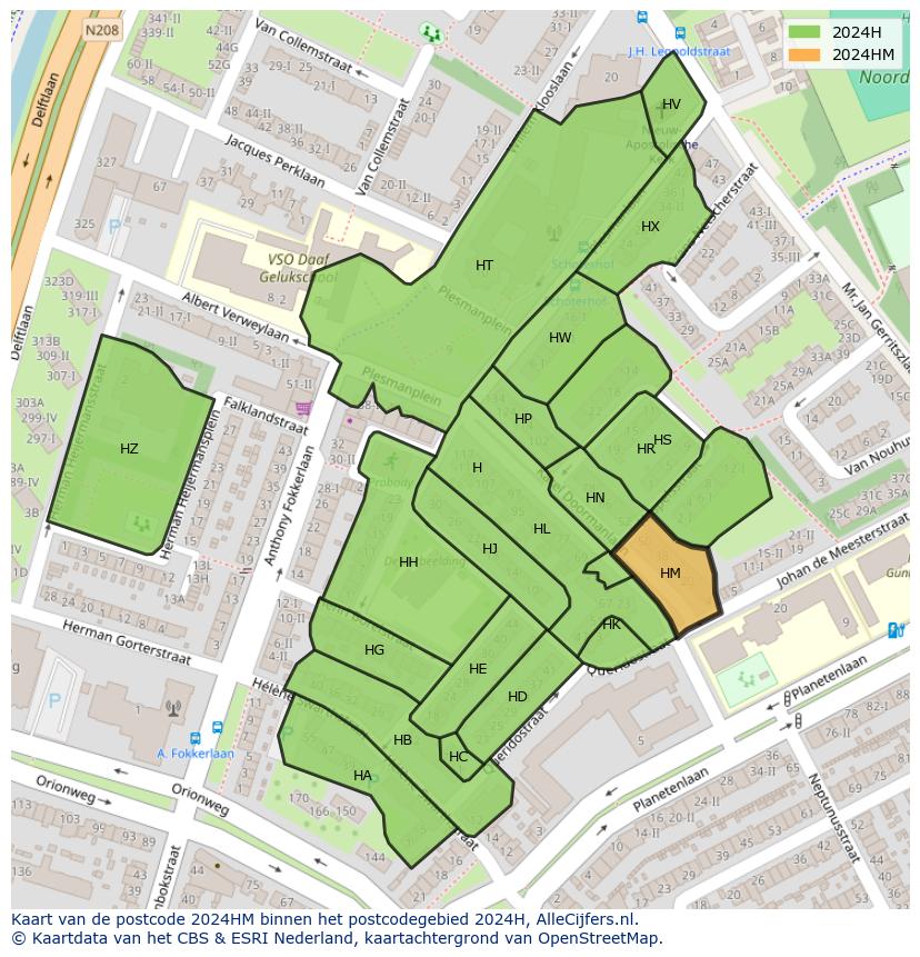 Afbeelding van het postcodegebied 2024 HM op de kaart.