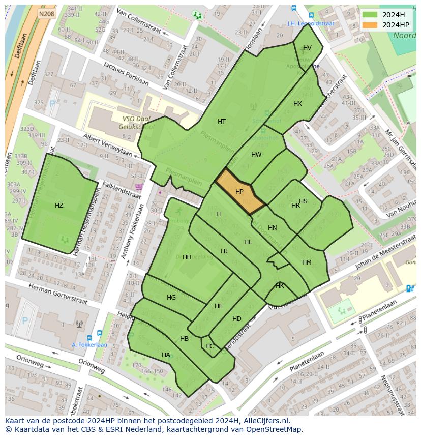 Afbeelding van het postcodegebied 2024 HP op de kaart.