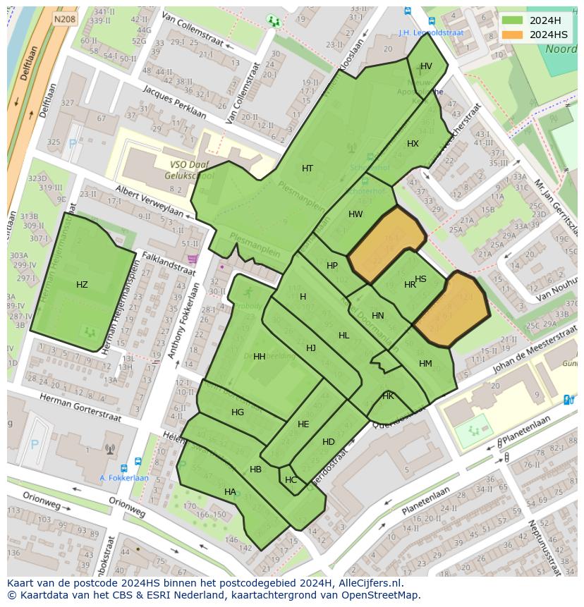 Afbeelding van het postcodegebied 2024 HS op de kaart.