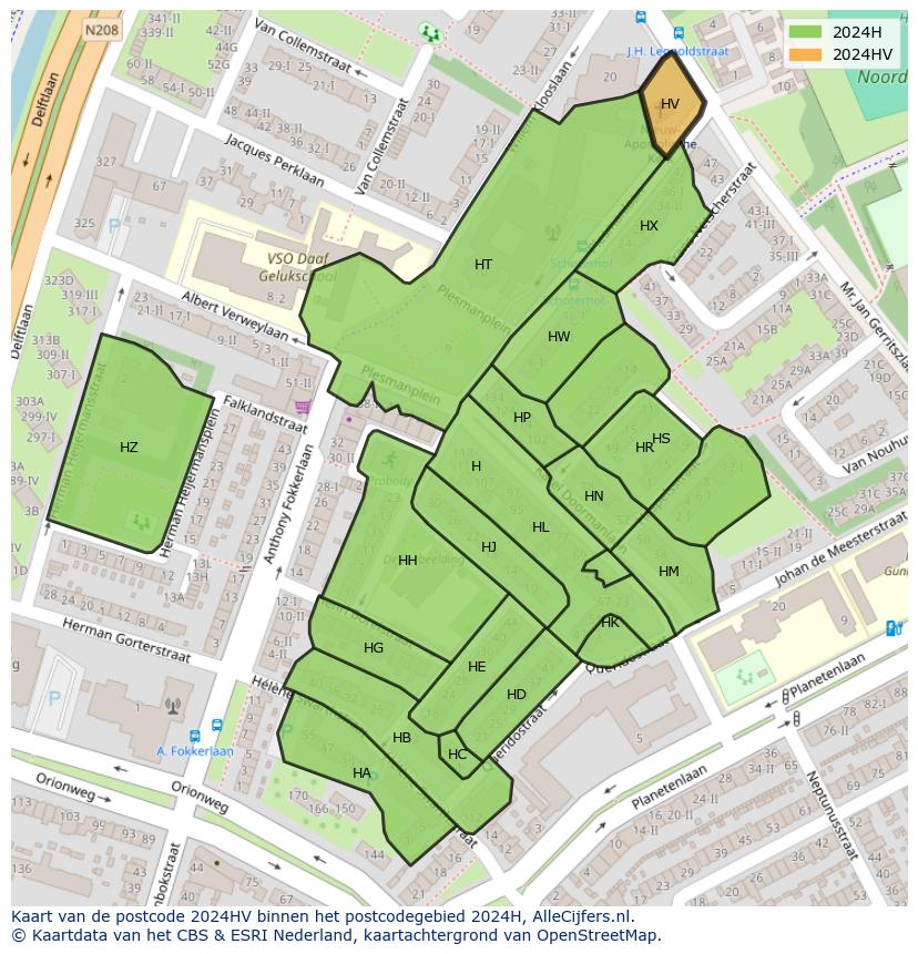 Afbeelding van het postcodegebied 2024 HV op de kaart.