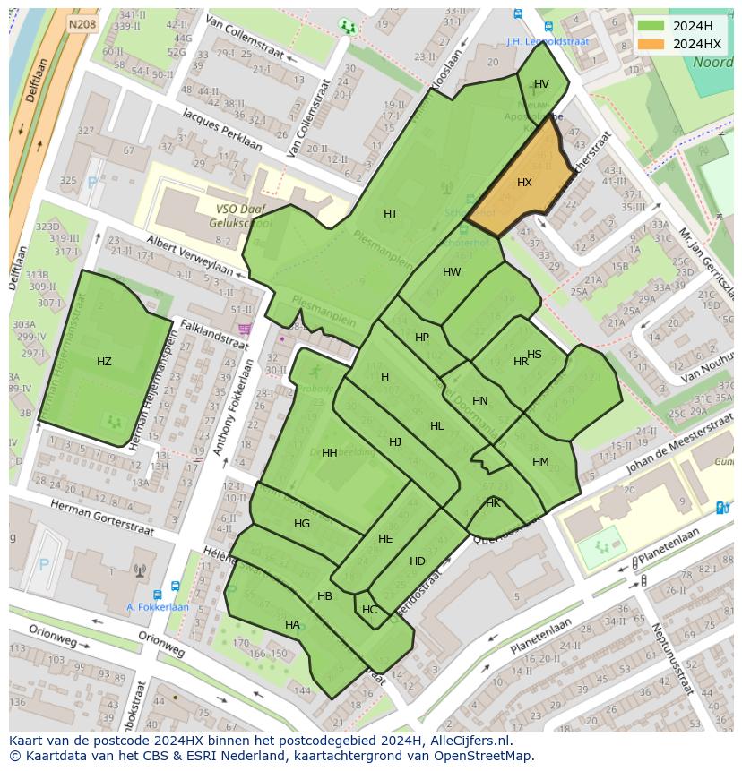 Afbeelding van het postcodegebied 2024 HX op de kaart.