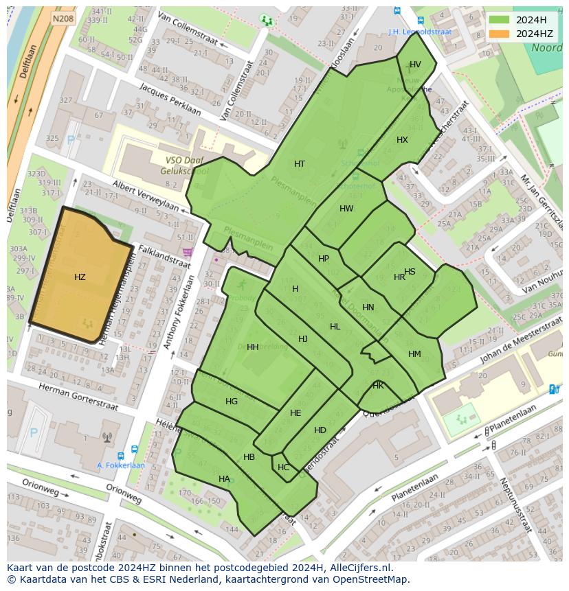 Afbeelding van het postcodegebied 2024 HZ op de kaart.