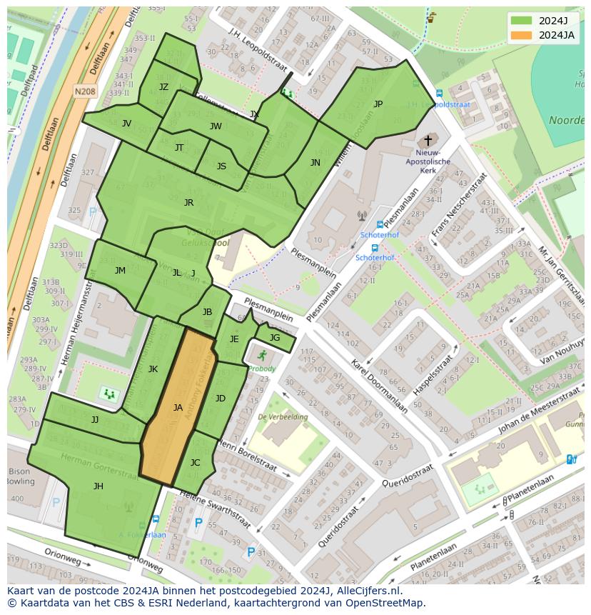 Afbeelding van het postcodegebied 2024 JA op de kaart.