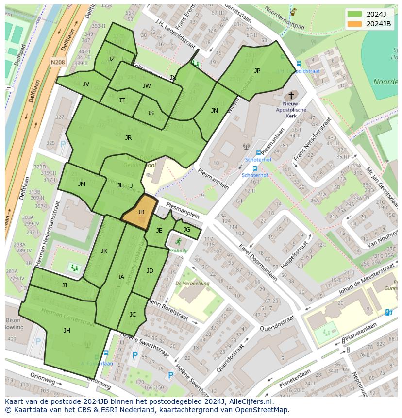 Afbeelding van het postcodegebied 2024 JB op de kaart.
