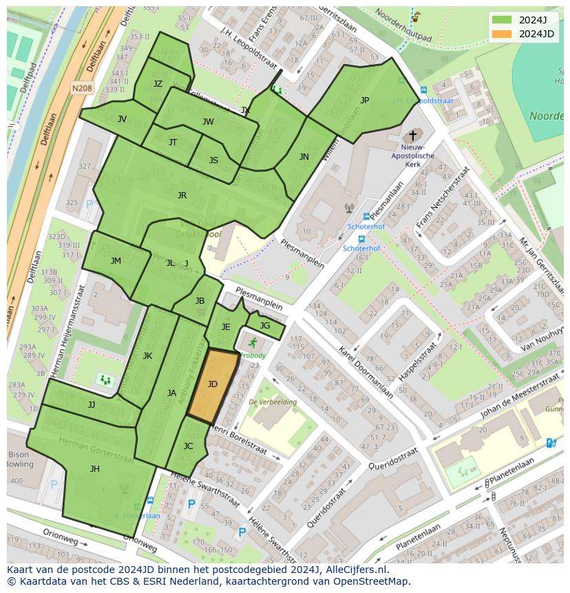 Afbeelding van het postcodegebied 2024 JD op de kaart.