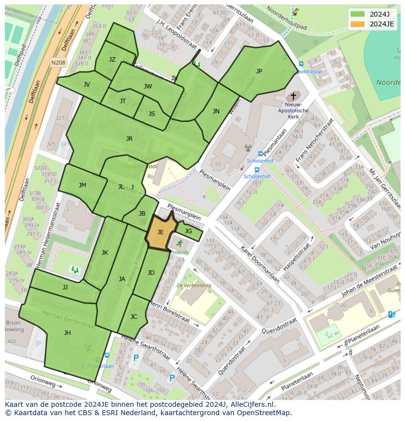 Afbeelding van het postcodegebied 2024 JE op de kaart.