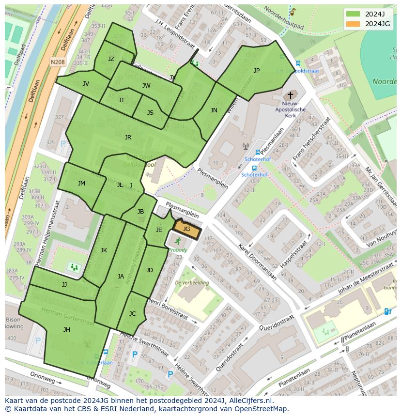 Afbeelding van het postcodegebied 2024 JG op de kaart.