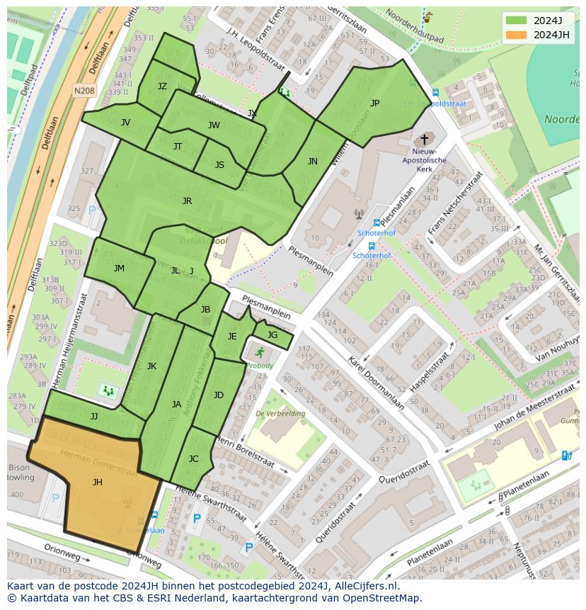 Afbeelding van het postcodegebied 2024 JH op de kaart.