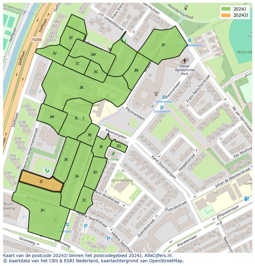 Afbeelding van het postcodegebied 2024 JJ op de kaart.