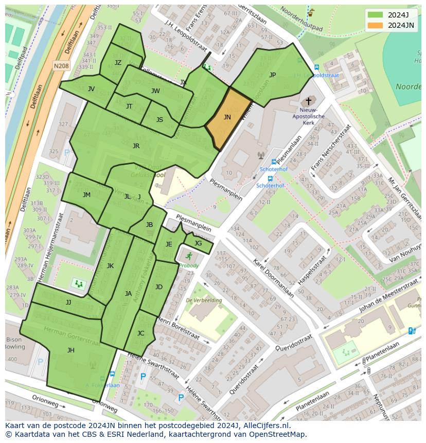 Afbeelding van het postcodegebied 2024 JN op de kaart.