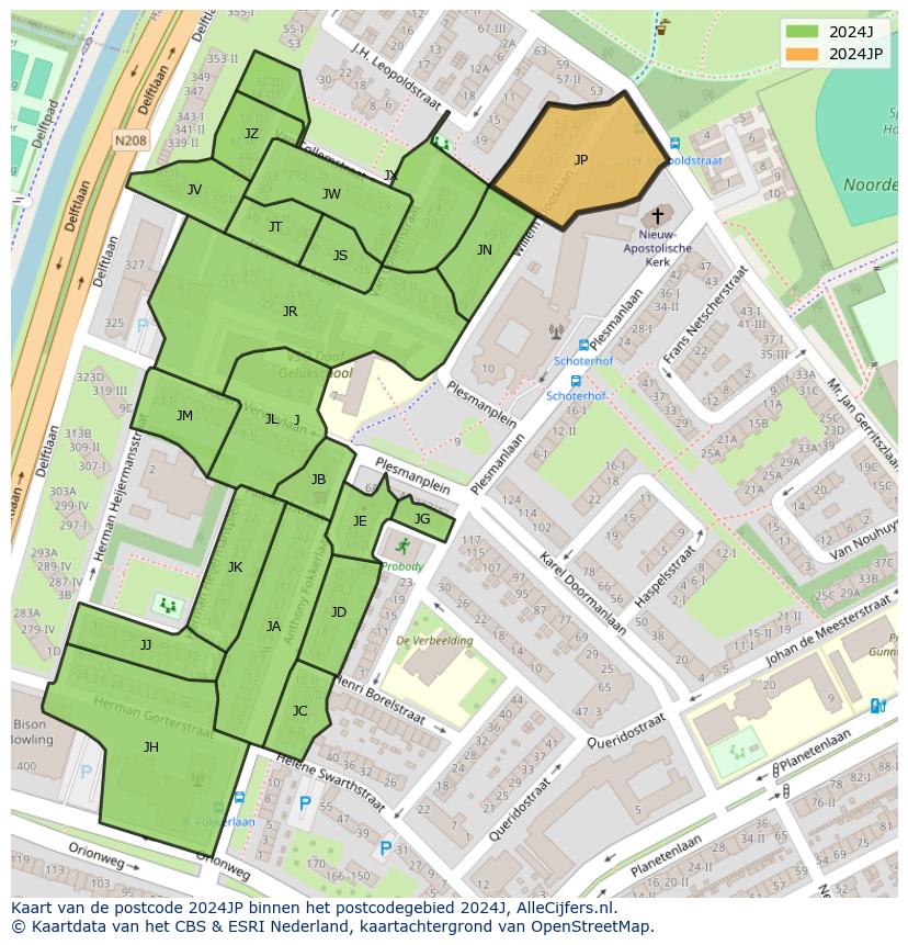 Afbeelding van het postcodegebied 2024 JP op de kaart.