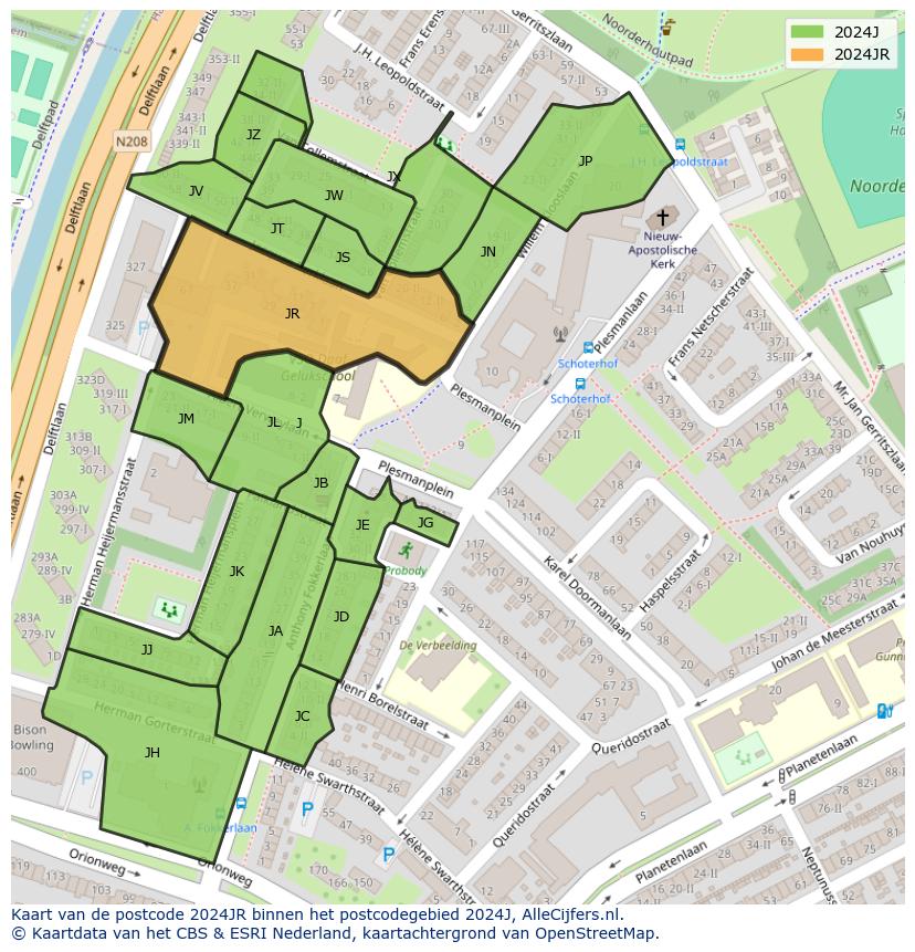 Afbeelding van het postcodegebied 2024 JR op de kaart.