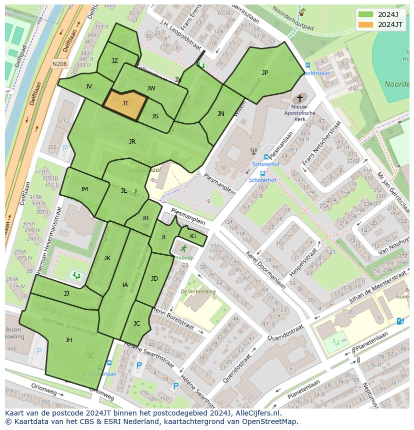Afbeelding van het postcodegebied 2024 JT op de kaart.