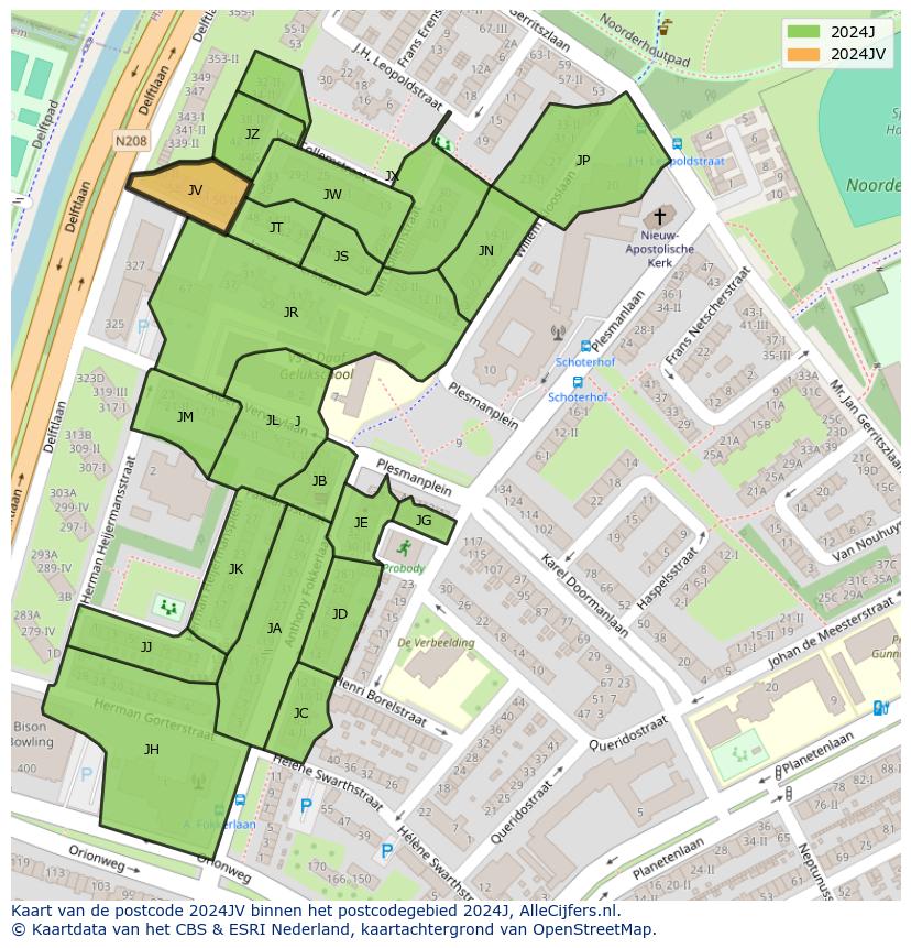 Afbeelding van het postcodegebied 2024 JV op de kaart.