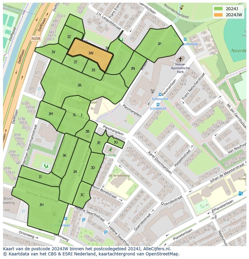 Afbeelding van het postcodegebied 2024 JW op de kaart.