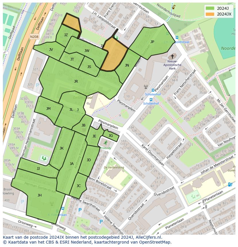 Afbeelding van het postcodegebied 2024 JX op de kaart.