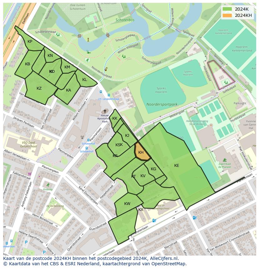 Afbeelding van het postcodegebied 2024 KH op de kaart.