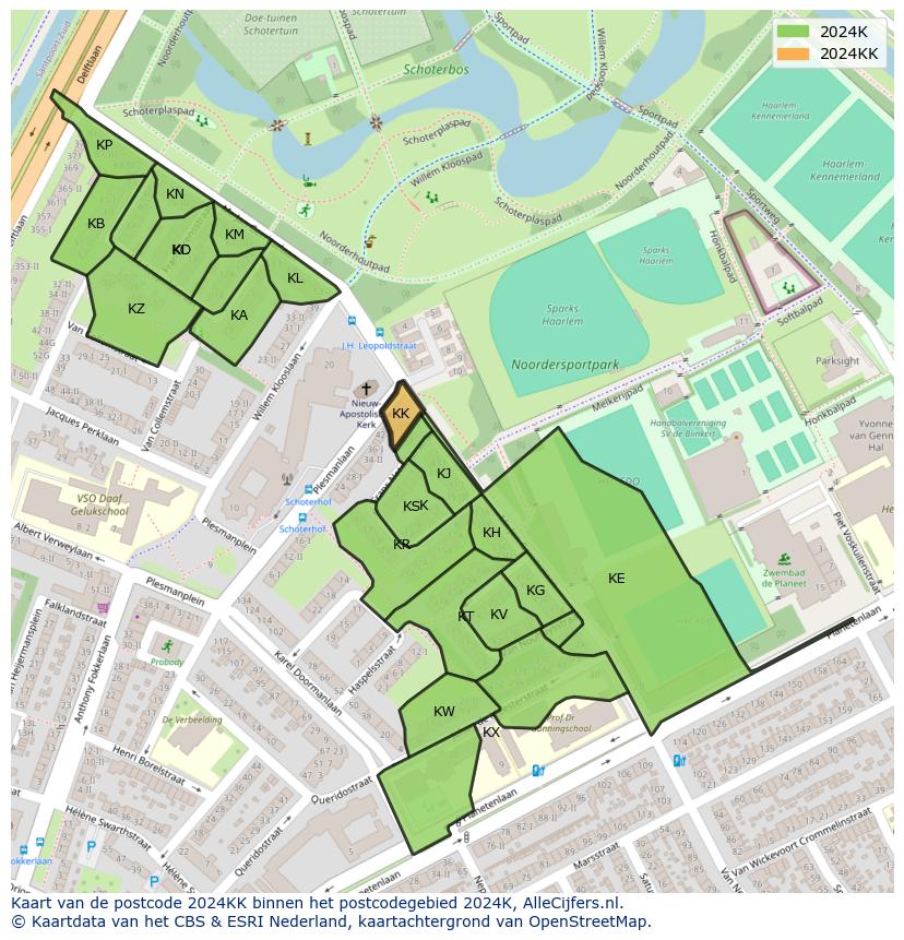 Afbeelding van het postcodegebied 2024 KK op de kaart.