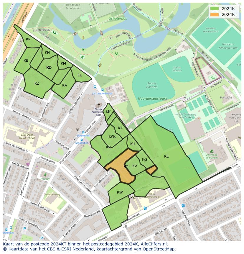 Afbeelding van het postcodegebied 2024 KT op de kaart.