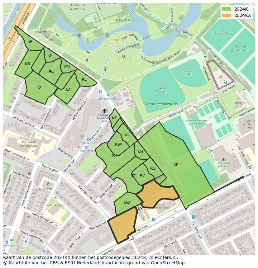 Afbeelding van het postcodegebied 2024 KX op de kaart.
