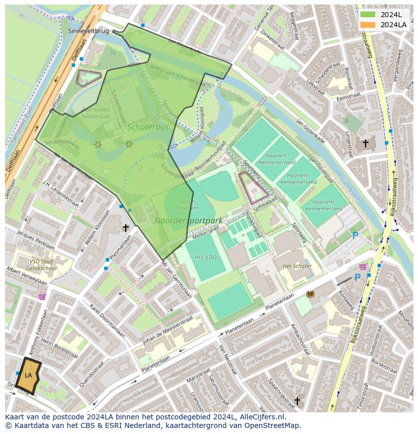 Afbeelding van het postcodegebied 2024 LA op de kaart.