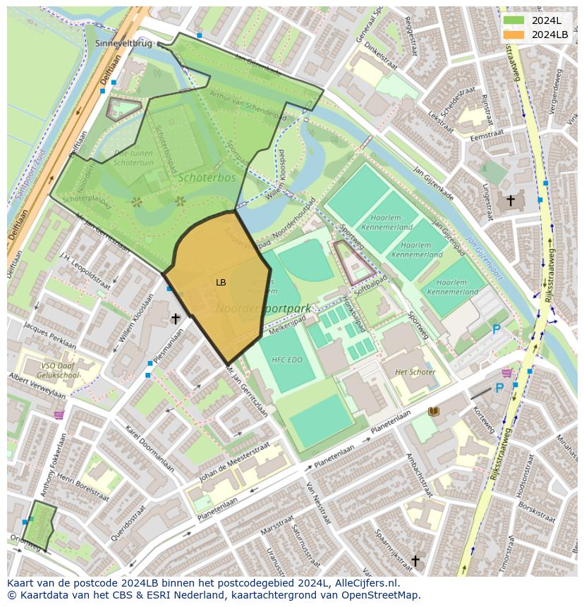 Afbeelding van het postcodegebied 2024 LB op de kaart.