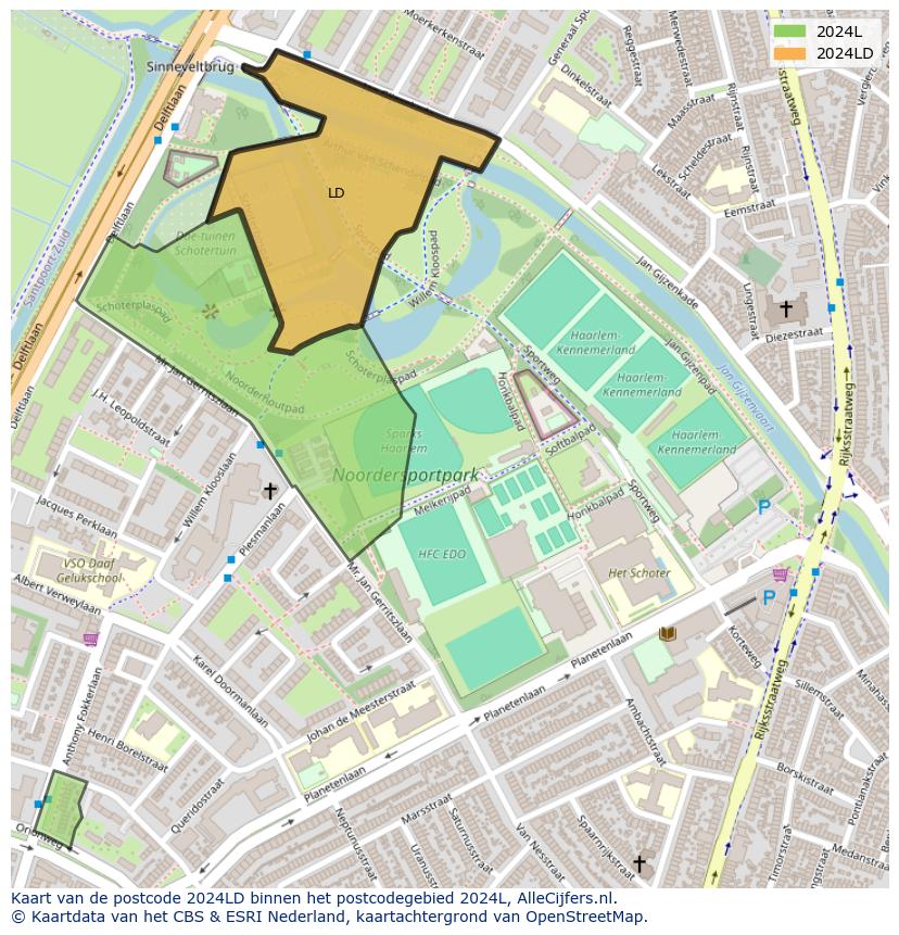 Afbeelding van het postcodegebied 2024 LD op de kaart.