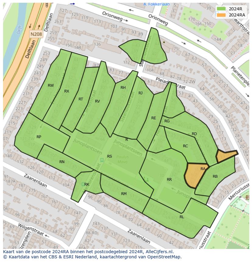 Afbeelding van het postcodegebied 2024 RA op de kaart.