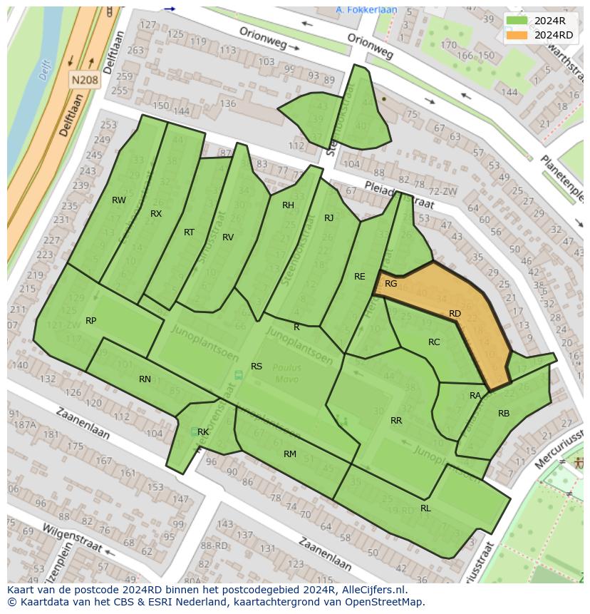 Afbeelding van het postcodegebied 2024 RD op de kaart.
